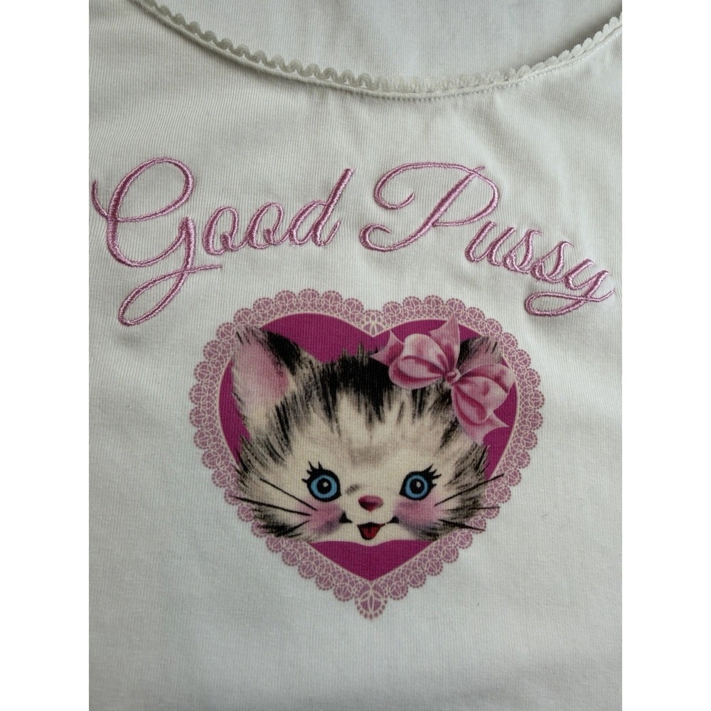Sugar Thrillz Feline Naughty Graphic 2X Good Kitty Cropped Puff Sleeve Baby Tee